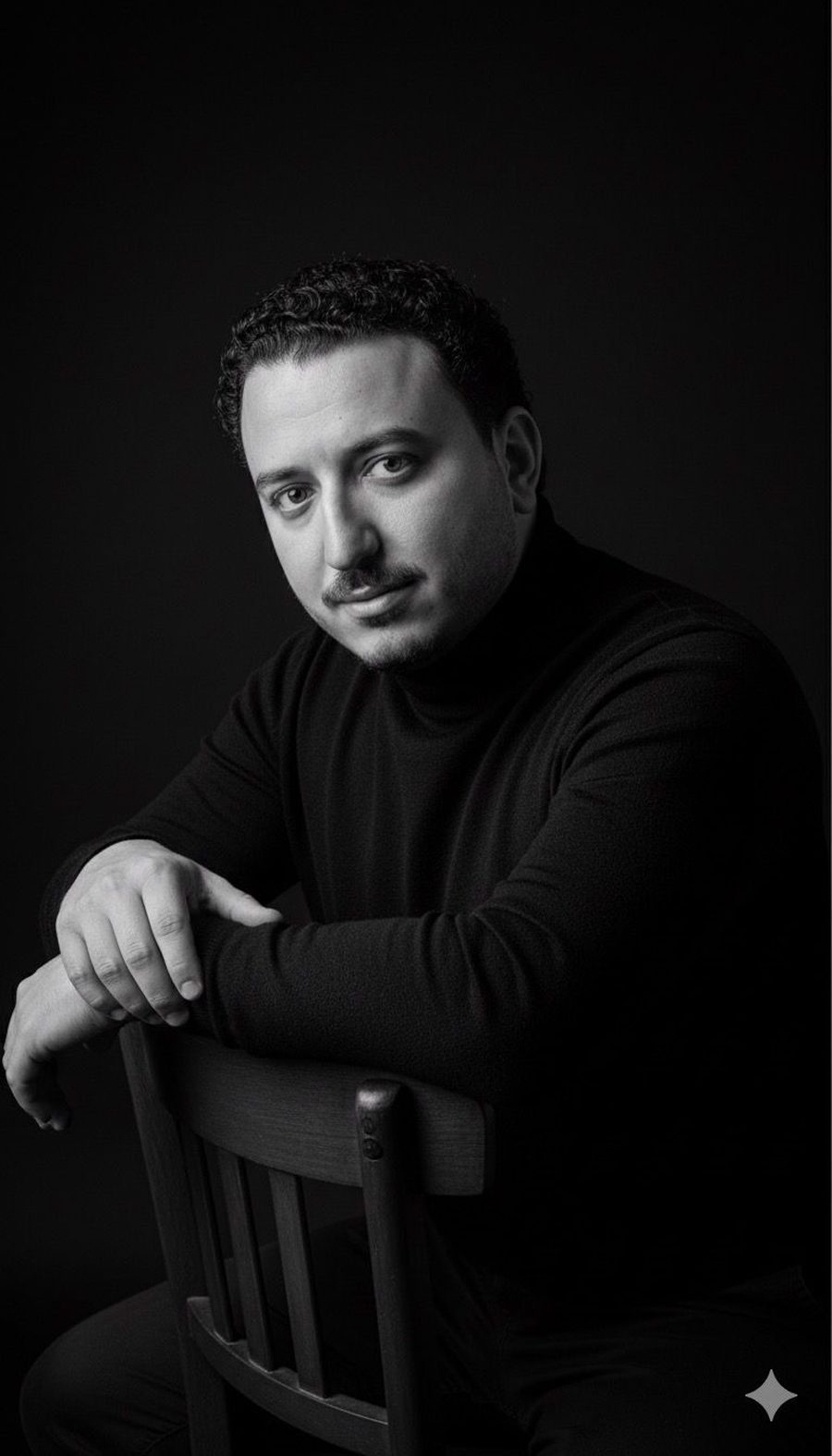 Black and white studio portrait of Ahmed Assem
